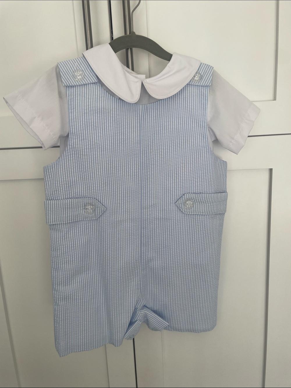 The Beaufort Bonnet Company Little Boy’s Blue Seersucker Summer Outfit.